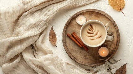 Wall Mural - Top view cinnamon scented candle and cappuccino cup on the wooden round tray and leaves