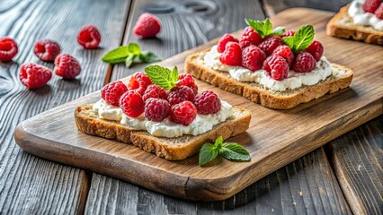 Canvas Print - Healthy breakfast toasts topped with fresh raspberries and creamy cottage cheese on a wooden cutting board