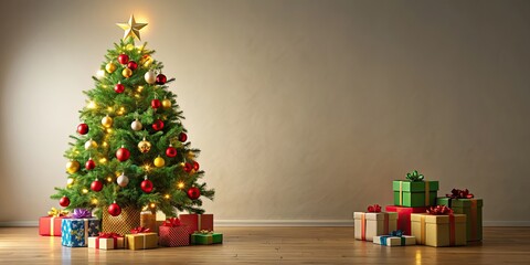 Poster - Christmas tree adorned with colorful gifts underneath, festive, holidays, presents, decorations, ornaments, celebration