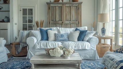 Wall Mural - rustic cottage living room with white and blue color scheme weathered wood accents plush throw pillows vintage decor pieces creating a cozy and inviting seaside retreat atmosphere