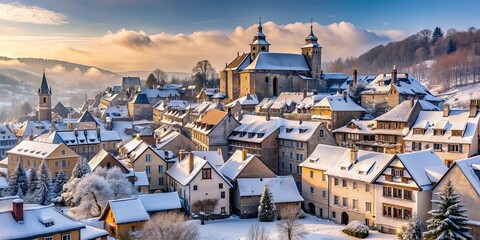 Poster - Snow-covered cityscape of Arbois with charming architecture and winter atmosphere, Arbois, snow, winter, city