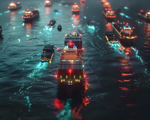 Poster - Autonomous Cargo Ship Fleet Navigating the Glowing Nighttime Seascape