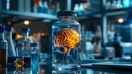 Poster - mysterious brain specimen glowing in scientific laboratory setup