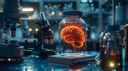 Aufkleber - Brain in a Jar Glowing Scientific Concept with Copy Space