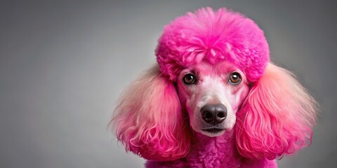 Canvas Print - A bright pink poodle headshot with fluffy fur and adorable expression, poodle, dog, pink, colorful, bright, fluffy, cute, pet