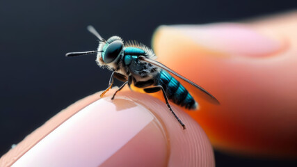 Microcosm at the tip of your finger. Blue fly. Generated by AI. 