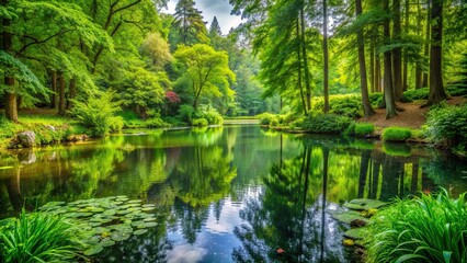 Poster - Tranquil pond surrounded by lush foliage in a forest setting, pond, nature, serene, water, reflection, peaceful, calm