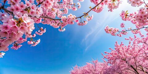 Sticker - Beautiful cherry blossoms in full bloom against a clear blue sky , spring, nature, flowers, pink, petals, landscape