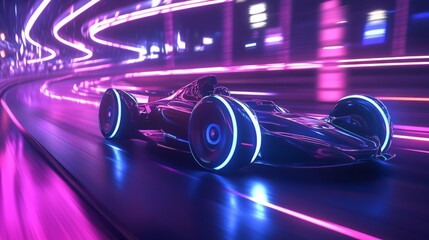 Aufkleber - A sleek, high-tech race car speeds through a vibrant neon-lit tunnel, illuminated by glowing lights reflecting off the smooth surface beneath.