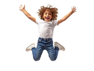 Joyful young child jumping high with excitement in bright indoor setting