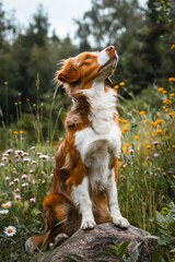 Poster - A brown and white dog sitting on a rock in a field of flowers