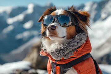 Canvas Print - A dog wearing sunglasses and a jacket in the snow