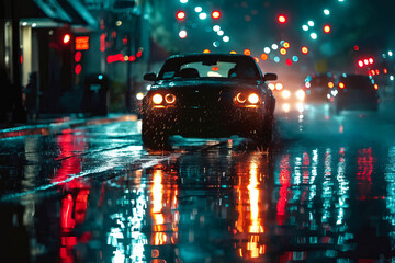 Wall Mural - A car driving down a wet street at night in the rain