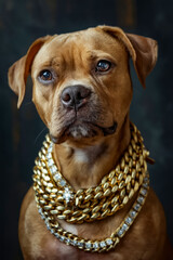 Poster - A brown dog wearing a gold chain around its neck