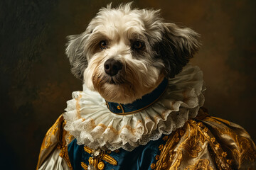 Canvas Print - A small white dog wearing a blue and gold dress