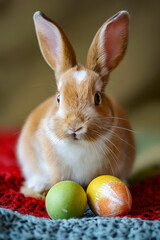 Poster - A small brown and white rabbit sitting next to two colorful eggs