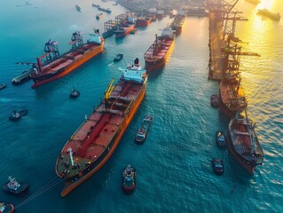 Poster - Aerial View of Busy Seaport with Oil Tankers Cargo Containers and Cranes at Sunset
