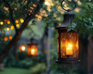 Canvas Print - Decorative Oil Lanterns Hanging in a Dimly Lit Summer Evening Garden