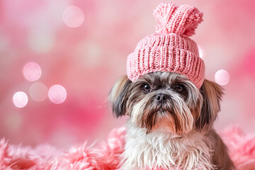 Canvas Print - A small dog wearing a pink knitted hat