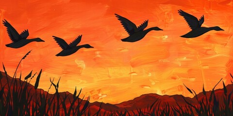 Wall Mural - Geese in Flight Silhouette Against Orange Sky