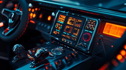 Aufkleber - A sleek car interior features an advanced dashboard with vibrant neon lights and intricate controls, showcasing modern technology and design.