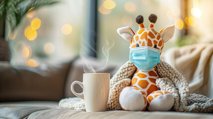 Stuffed toy giraffe in a medical mask wrapped in a cozy blanket, with a steaming hot drink on a sofa, symbolizing comfort and recovery during illness.