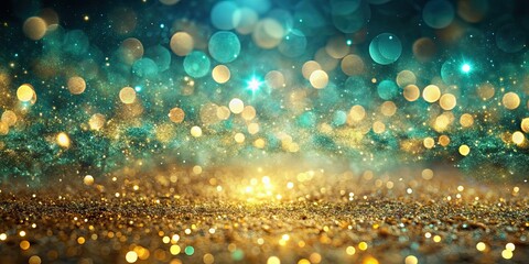 Canvas Print - Abstract bokeh lights and glitter background in gold and teal colors, bokeh, lights, glitter, abstract, background, gold