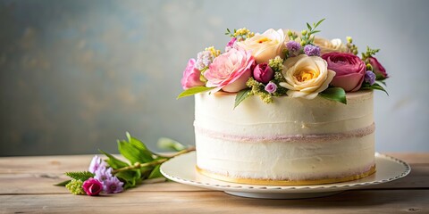 Poster - Cake adorned with delicate flowers, cake, dessert, floral, elegant, beautiful, celebration, wedding, birthday, delicious