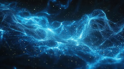 Poster - abstract visualization of big data streams interwoven strands of glowing information flowing through dark digital space creating mesmerizing patterns and connections in cool blue hues