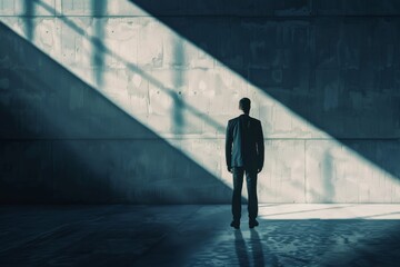 Wall Mural - shadowed figure of a businessman symbolizing progress and victory.