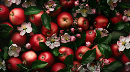 Poster - A lush arrangement of red apples interspersed with white and pink blossoms, creating a vibrant and fresh display of nature's bounty.