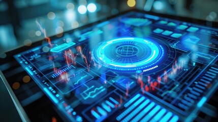 Aufkleber - Futuristic digital dashboard displaying data analytics with glowing elements, representing technology and innovation.