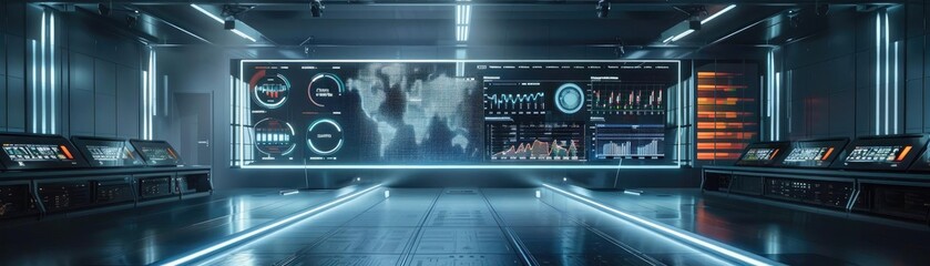 Poster - Futuristic control room with advanced digital displays and data analytics, perfect for technology and innovation themes.