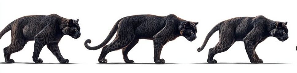 PNG transparent file with black panther portraits, laying, sitting, and standing, with black panther animal bundle at the bottom, isolated on white background