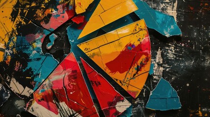 Poster - Vibrant abstract art featuring broken ceramic pieces in bold colors and dynamic patterns, evoking creativity and emotion.