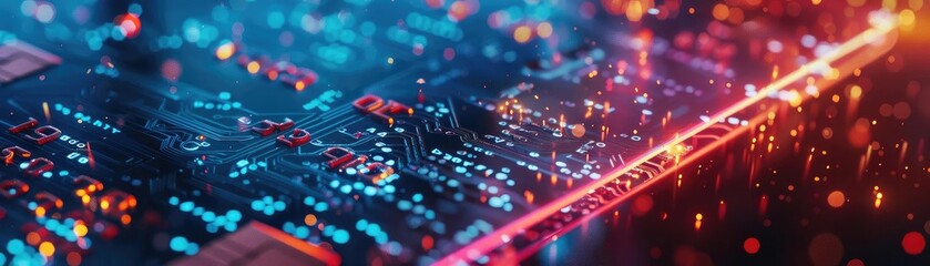 Poster - Abstract close-up of a vibrant circuit board with glowing lights, showcasing technology and innovation in a digital world.