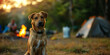 © MNStudio - Cute dog sitting on a backdrop of tents and bonfire at campsite. Camping trip with a pet. Exploring nature.