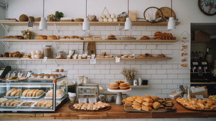 Wall Mural - A cozy bakery with wooden shelves and tables displaying a tempting assortment of freshly baked goods and various preserves.