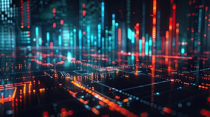 Poster - High-tech digital landscape featuring vibrant neon colors, reflecting a futuristic tech environment and data visualization.