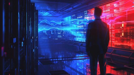 Poster - A silhouette of a person in a futuristic data center with vibrant blue and red lights, symbolizing technology and innovation.