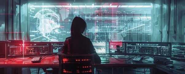 Poster - A lone figure in a hoodie engages with a futuristic, high-tech interface in a dark, illuminated environment.