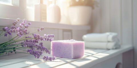 Handmade pastel purple lavender soap in white sunny bathroom. Home made spa, skincare and cosmetology concept.