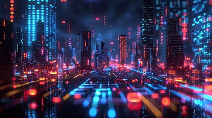 Poster - Futuristic cityscape illuminated by neon lights, showcasing a vibrant blend of technology and urban design in a digital environment.