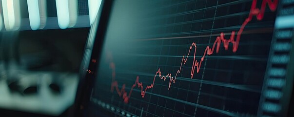 Poster - A close-up view of a stock market graph displayed on a digital screen, showcasing an upward trend with red indicators.