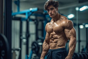 Canvas Print - A man in a gym with a barbell in his hands.