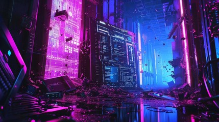 Poster - A vibrant cyberpunk scene with neon lights, digital screens, and a futuristic atmosphere, perfect for technology-themed projects.