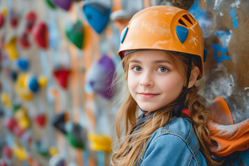 Poster - A young girl wearing a helmet standing in front of a climbing wall