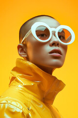 Canvas Print - A woman in a yellow jacket and white sunglasses.