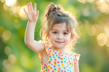 Sticker - A little girl waving her hand in the air.