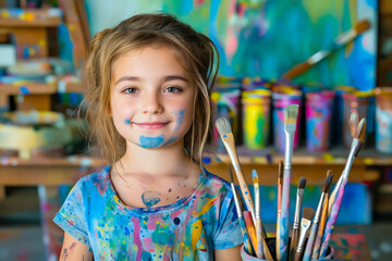 Sticker - A little girl holding a bucket full of paint and brushes.